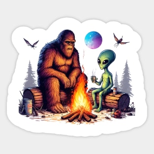 Bigfoot and Alien Camping Sticker